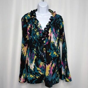 East 5th Woman 1X Blouse Black Multi Abstract Pleated Ruffle V-Neck Flare Sleeve